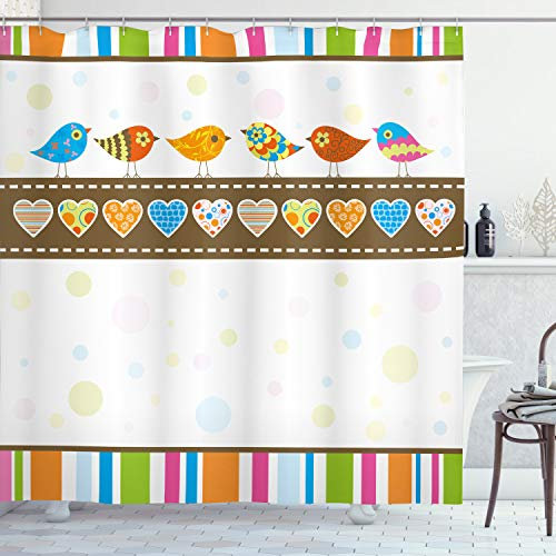 ABAKUHAUS Valentinstag Duschvorhang, Vogel-Herz-Streifen, Stoffliches Gewebe Badezimmerdekorationsset mit Haken, 175 x 200 cm, Kakao Mehrfarbig