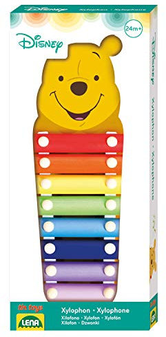Lena 52950 - Xylofon Disney Winnie The Pooh, Holzxylofon mit 8 Metall Klangplättchen und 2 Schlägel aus Holz, Glockenspiel Schlaginstrument für Kinder ab 24 Monate, Kinderinstrument in Puuh Bär Form