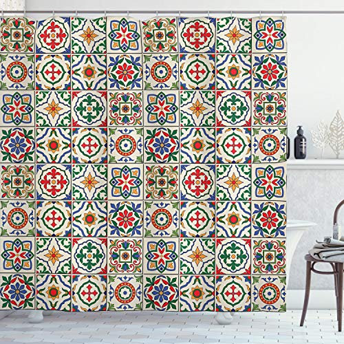 ABAKUHAUS marokkanisch Duschvorhang, Dekorative abstrakte Blatt, Stoffliches Gewebe Badezimmerdekorationsset mit Haken, 175 x 240 cm, Mehrfarbig