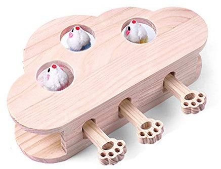 HC Wooden Cat Toy Box, Interactive Cats Kitten Hunt Toy Puzzle Box with Cartoon Mouse, Catnip Toys Whack a Mole (3 holes White)