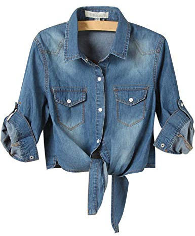 AMEBELLE Women's Roll Up 3/4 Sleeve Tie Front Knot Shirt Chambray Denim Crop Top(0088-DarkBlue-M)
