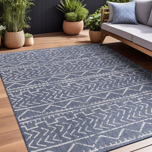 Beverly Rug Waikiki Indoor Outdoor Rug 5x7, Washable Outside Carpet for Patio, Deck, Porch, Trellis Area Rug, Water Resistant, Blue - White