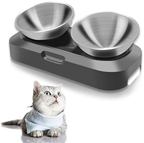 TANGN Gamelle Chat Surélevée, Acier Inoxydable,Bol pour Chat avec Support Antidérapant,Gamelle Eau pour Chats Orthopédique Anti-Vomissements, Design Ergonomique et Lavable au Lave-Vaisselle (2 Bols)