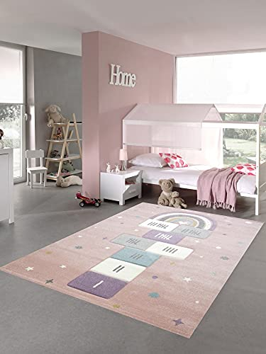 Teppich-Traum Kinderzimmer Teppich Spielteppich mit Sternen Hüpfspiel Himmel & Hölle Herz Regenbogen rosa grün Creme Größe 200 x 290 cm
