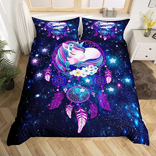 Einhorn Bettwäsche 135x200cm Kinder Karikatur Einhorn Bettbezug Set Lila Blau Galaxie Traumfänger Bettwäsche Set Mädchen Jungen Jugendliche Einhorn Tier Dekor Bettbezug Boho Traumfänger Galaxy Dekor