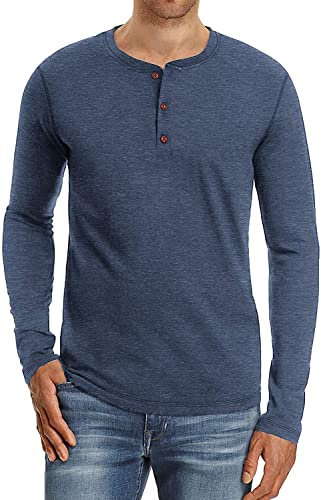 Sailwind Mens Henley Long Sleeve T-Shirt Cotton Casual Shirt(VG Navy Blue,L)