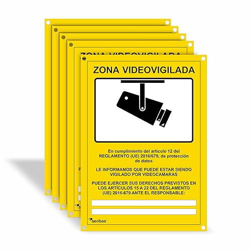 Cartel Zona videovigilada - Placa Alarma - Aviso a la Policía - Medidas A4 21x30cm - PVC Rígido 0.7mm - Tintas y Material Resistentes - Para Interior y Exterior - Zona Videovigilada - Con Agujeros (5)