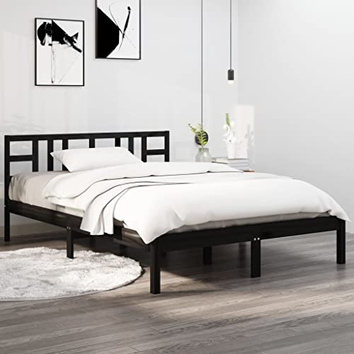 INLIFE Massivholzbett Schwarz 200x200 cm,Schwarz,29.5KG