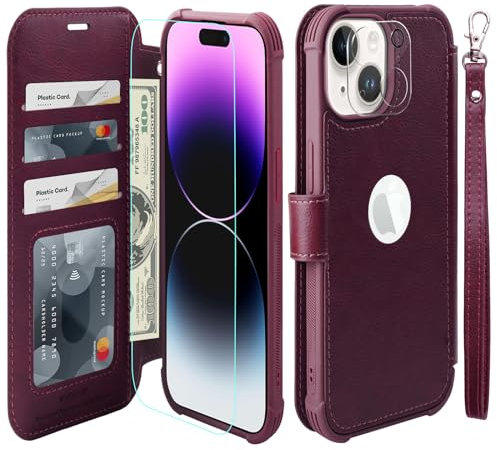 VANAVAGY Compatible with iPhone 15 Wallet Case,Rfid Flip Leather Cover with Wrist Supports Wireless Charging with Card Holder,[Glass Screen Protector and Camera Cover],Burgundy