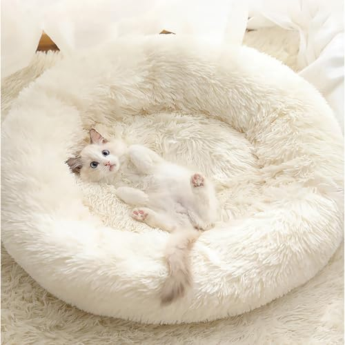 LAIZIHUI Hundebetten,Donut Kissen,Katzenbett, Hundekorb, Flauschiges Hundebett für große, mittelgroße & kleine Hunde. (80CM, weiß)