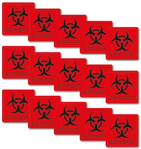 15 Stück Biohazard Warnhinweis Aufkleber 3x3cm Chemie toxisch Bakterium Virus Labor Sticker Toxine Erreger Praxis UV Schutz laminiert wasserfest Digitaldruck Warnung Achtung Farbe: Rot