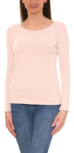 Alkato T-Shirt à Manches Longues à Encolure Arrondie Femme Top Moulant en Cotone, Rose poudré, M
