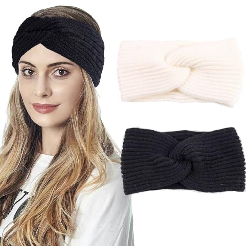 Winter Stirnband für Damen,Ohrenwärmer Gestricktes Stirnband,Elastische Häkel-Fleece Warmes Haarband Kopfwickel für Outdoor Sport(2 Farben)