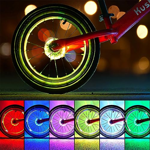 2er Set LED Speichenlichter für Kinderroller, 7 Farben & 18 Modi, USB-C Ladung, IP65 Wasserdicht, Induction Tretroller Felgenbeleuchtung für Woom Kinderzubehör