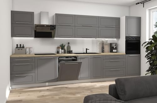 Feldmann Preiswert Wohnen Küchenzeile KVANTUM mit Arbeitsplatte 400cm weiß Fronten MDF dust Grey matt Teilauszug