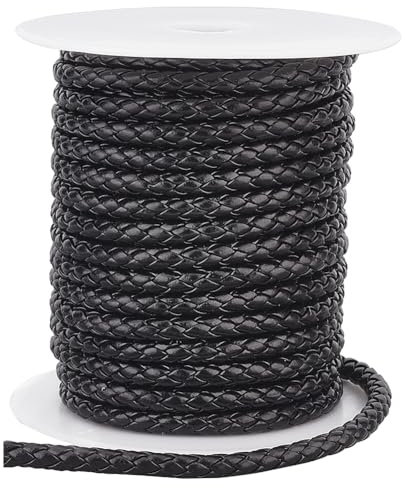 PH PandaHall 10m Cordoncino in Pelle Intrecciata Cordoncino Rotondo in Pelle, 5mm Nero Corda Macrame per Collana Bracciale Creazione di Gioielli Artigianato