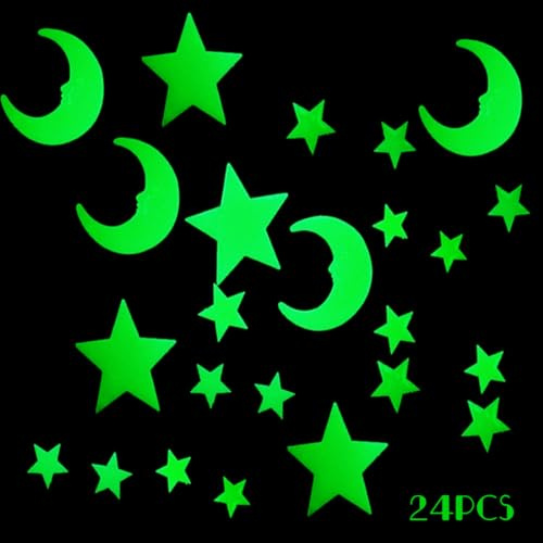24 Pcs 3D-Aufkleber mit Mond und Sternen, die im Dunkeln leuchten, leuchtende fluoreszierende Aufkleber, DIY-Wand-/Deckenaufkleber, für Baby- und Kinderzimmer, Wohnzimmer-Dekoration