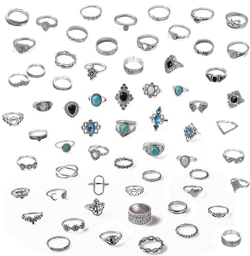 Hifot Punk Ringe Set für Damen - Y2K Ringe in Silber mit Türkis, Gothic Vintage Fingerringe, Boho Schmuck, Kristall Herz Lotus Schlange Y2K Accessoires