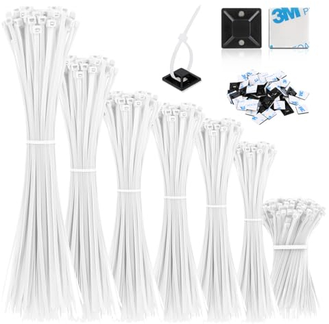 VFANDV 1000 Piezas Bridas Plastico con 50 Bases Adhesivas, Bridas 100/150/200/250/300mm, Bridas para Cables Profesionales, Presillas Plastico Resistente a Temperatura para Oficina, Exteriores