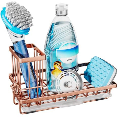 Consumest Sponge Holder for Kitchen Sink - Sink Caddy Kitchen Sink Organizer with Removable Drip Tray for Countertop Dish Soap Dispenser Brush Storage Accessories 304 Stainless Steel, Rose Gold