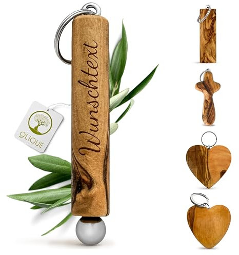 Schlüsselanhänger personalisiert, Olivenholz - Handgemachter Anhänger mit Gravur als individuelles Geschenk (Stab)