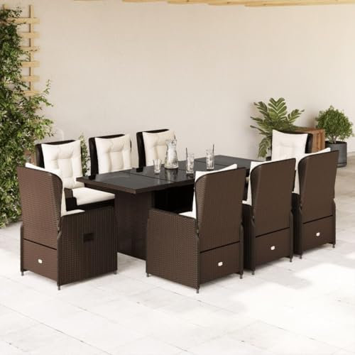 IKAYAA Polyrattan Sitzgruppe für 8 Personen, Gartenmöbel Set mit Tisch und 8 Verstellbare Hochlehner Stühlen, Essgruppe für Garten Terrasse und Balkon, inkl. Sitzkissen Braun