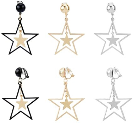 SUPERFINDINGS 3 Paar Stern Ohrclips Gold Silber Schwarz Doppel Stern Ohrringe Ohrclips Stern Ohrringe Baumelnde Hohle Stern Ohrhänger