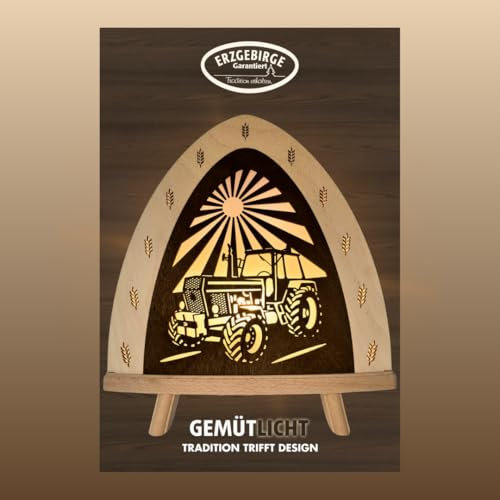 weigla - Dekoleuchte original Erzgebirge I Motiv Traktor I 1 LED Lampe I 0,8 W, E14 I Ganzjahresdeko innen I Weihnachtsbeleuchtung aus Holz I Fensterdeko