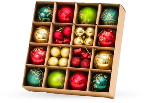 Christmas Tree Decorations Baubles 44 Pcs – Hanging Ball Ornaments Sets – Shatterproof 3 & 6cm Plastic Balls for Festive Holiday – Ideal for Home, Trees, Weddings, and Party Decor (Green, Red & Gold)