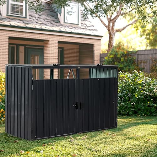Poubelle d'extérieur en métal pour 2 poubelles, abri de rangement extérieur étanche avec couvercle, idéal pour jardin, terrasse, pelouse, noir