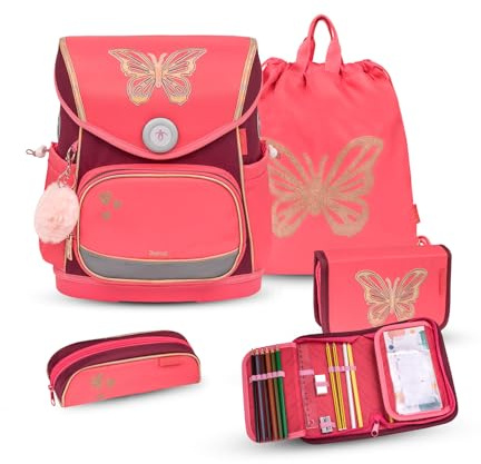 Belmil Premium Compact Plus ergonomisches Schulranzen Set 5 - teilig, AGR, Brustgurt, Hüftgurt, Magnetverschluss (405-41/P/S) (Coral 2)