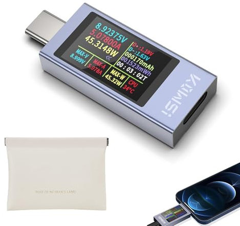 Tester Power Meter,Power Voltage and Current Tester,Removable Power Bank Capacity Ammeter Voltmeter,Detectable USB Charger Detector,Support 12A High Current PD DC Voltmeter Power Meter