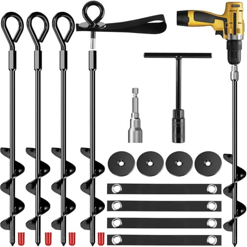 4 Stück Bodenanker Trampolin, Bodenanker Erdanker mit Adapter, Heavy Duty Trampolin Anchor Kit Stahl Eindrehen Erdanker für Sicherung von Zelten, Vordächern, Planen, Trampolinen Camping(Schwarz)