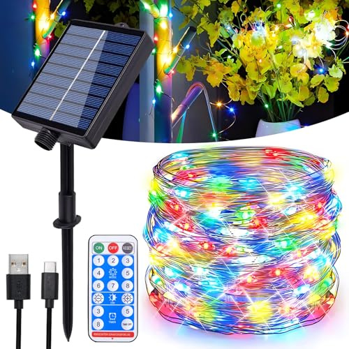Hopelit Solar Lichterkette Aussen, 20m 200LEDs Solar Lichterkette Outdoor IP65 Wasserdicht Kupferdraht mit Fernbedienung 8 Modi Für Party Garten Balkon Deko - Bunt