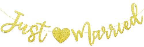 BETESSIN Girlande Hochzeit Deko - Just Married Girlande Gold Glitzer - Hochzeitsdeko zum Aufhängen - Hochzeitsgirlande für Wedding Decoration - Geschenkidee zur Brautdusche