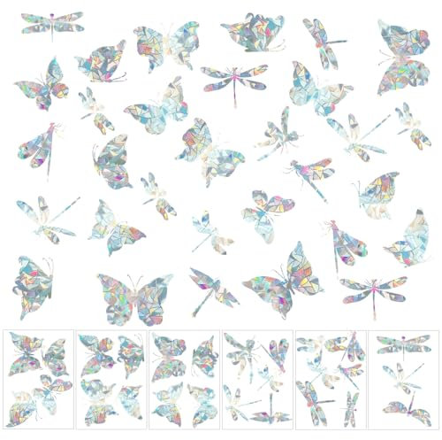 6 Sheets Anti Collision Window Stickers, Rainbow Reflective Decals Clings Film to Deterrent Prevent Label Colorful Prism Pattern for Preventing Bird Strikes (Butterfly, Dragonfly)