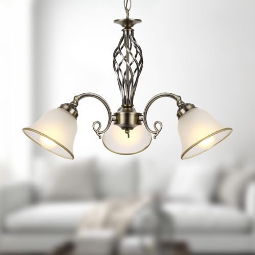 bmf-versand® Hängelampe aus Metall Altmessing und satinierte Lampengläser inkl. Pflegetuch - Kronleuchter 3-flammig für Wohnbereich und Essbereich - Pendelleuchte 3x E27 Fassung 60 Watt