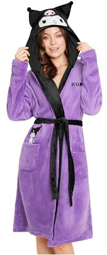 Hello Kitty Sanrio Dressing Gown Women Teens Fleece Hooded Bath Robe Cosy Loungewear Cinnamoroll Kuromi Anime Gifts for Women (XL, Purple Kuromi)