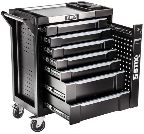 Stix Carrello da officina UltimatePro B7 - 7 cassetti e vano cargo, carrello con piano di lavoro in acciaio inox, parete forata, qualità professionale per garage e industria