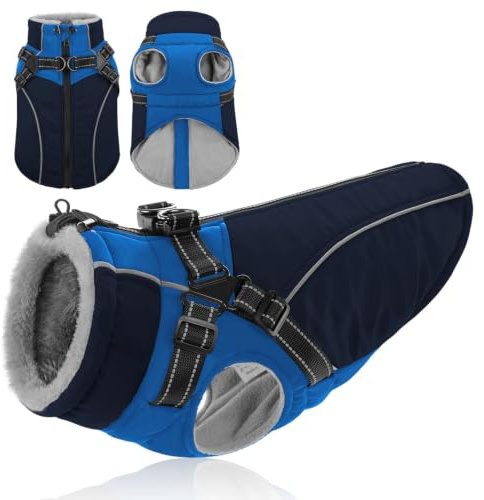 KONVINIT Hunde Wintermantel mit Integriertem Geschirr mit Fleece Futter XL | dick gefüllte Wattierung speichert Körperwärme, reißfestes Obermaterial,ideal für Beagle, Samojede, Australian Shepherd
