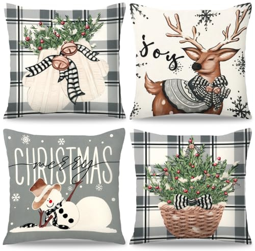 Weihnachten Kissenbezug 4er Set 40x40cm Grau Weiß Schneemann Rentier Weihnachten Kissenbezug Leinen Weihnachtsdeko Kissenbezüge für Sofa Couch Schlafzimmer Wohnzimmer Zierkissenbezug Cushion Cover
