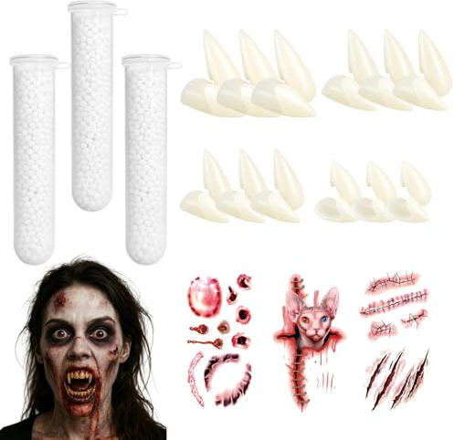 Halloween Kostüm, Vampire Zähne, 12 Paar Vampirzähne in 4 Größen mit Zahnkleber und 3 Aufklebern, Vampire Teeth für Halloween-Rollenspiele