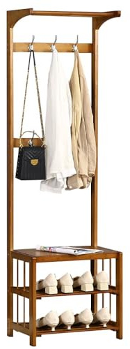 Porte-manteau en bambou avec rangement à chaussures sur pied et crochets amovibles à double rangée, chapeau et manteau élégants pour entrée, salon – Couleur marron clair