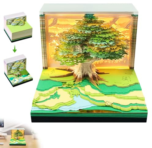 PLLYPE 3D Calendar 2026 with LED Lights, Tree Desk Calendar, Paper Carving Art Memo Pad Notepad for School Home Office Christmas Housewarming Desktop Decoration