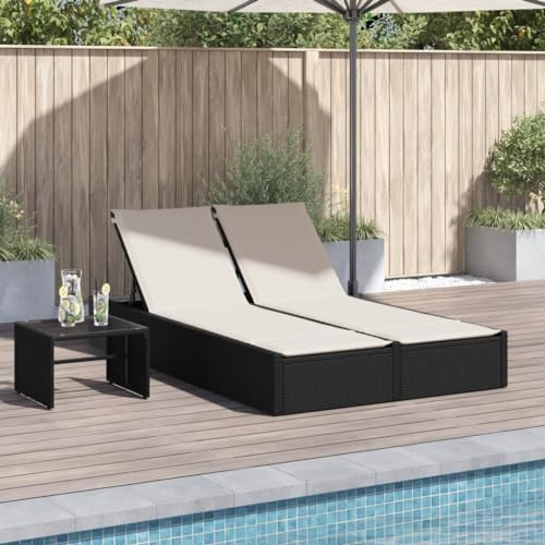 HEFZGDB Doppel-Sonnenliege mit Kissen Schwarz Poly Rattan PE-Rattan Gartenmöbel verstellbare Rückenlehne Outdoor-Lounge Sitzgruppe Polsterung Stahlrahmen wasserdichte Abdeckung