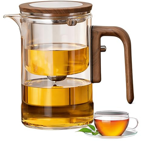 Teteras de Cristal,Tetera de cristal para separación de agua con filtro y mango de madera,Tetera mágica para té a Infusiones,tea infuser regalos para los amantes del té (600, Mililitros)