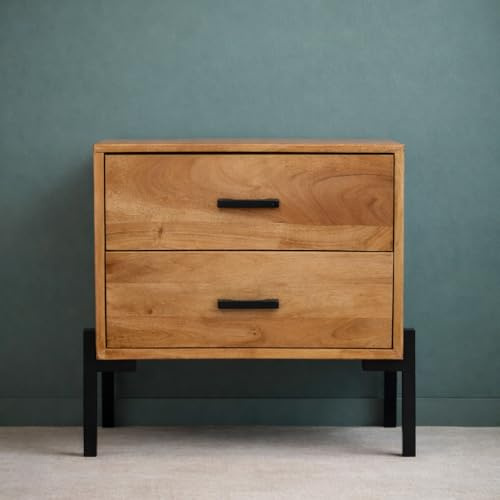 GOLDBEARUK Acacia 2 Drawer Bedside Table Iron Legs Bedside Tables Set of 2 – Bedroom Furniture – Small Bedside Tables – Bedside Drawers Pre Assembled Real Solid Wood (1, Iron Handles)