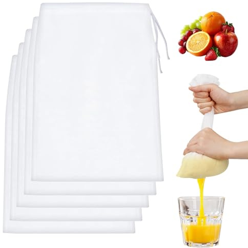 5 Pcs Reusable Micron Fine Mesh Straining Bags,Nylon Drawstring,Cheese Cloths for Straining Cold Brew Coffee, Cheesecloth, Juice, Wine, Homebrew, Yogurt, Nut Milk,Food Straining (20x30cm)