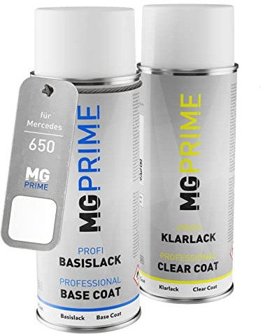 MG PRIME Autolack Spraydose für Mercedes 650 Calcitweiss/Arctic White +1K | Set aus Basislack + Klarlack, Sprühdosen 400ml