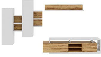 Wohnwand Alva, Praktische Anbauwand, Mediawand, Wohnzimmer Set, Hängeschrank, TV Lowboard, Wandboard (Weiß/Grande Oak)